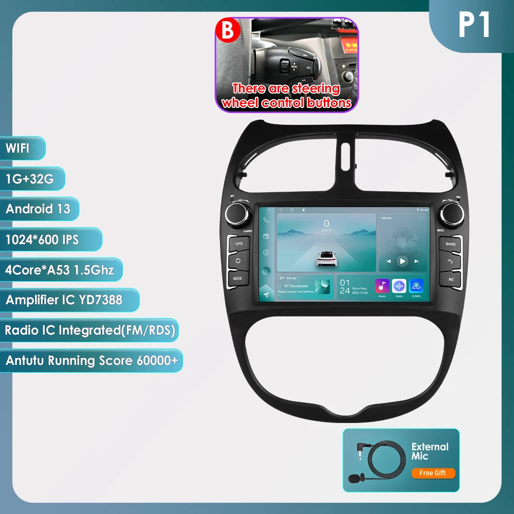 Carplay pour Peugeot 206 206CC 206SW 2000-2008