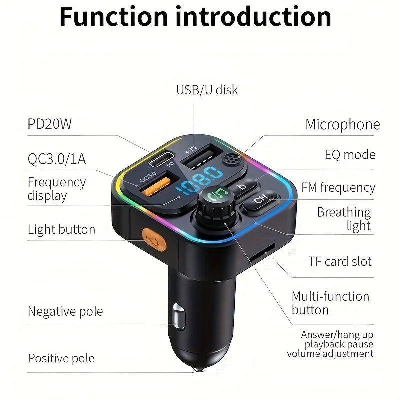 Transmetteur Bluetooth allume cigare avec charge rapide USB et radio