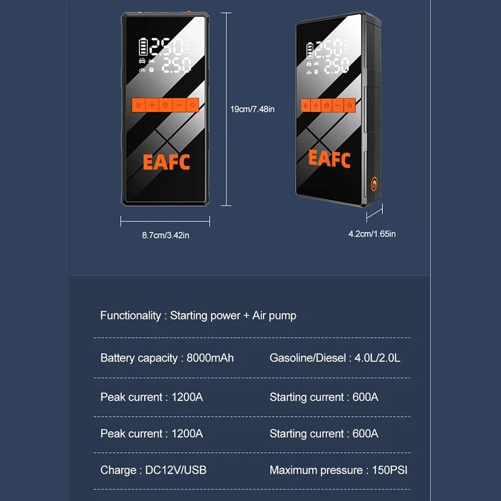 Démarreur de Batterie Portable 1200A & Gonfleur de Pneus Électrique